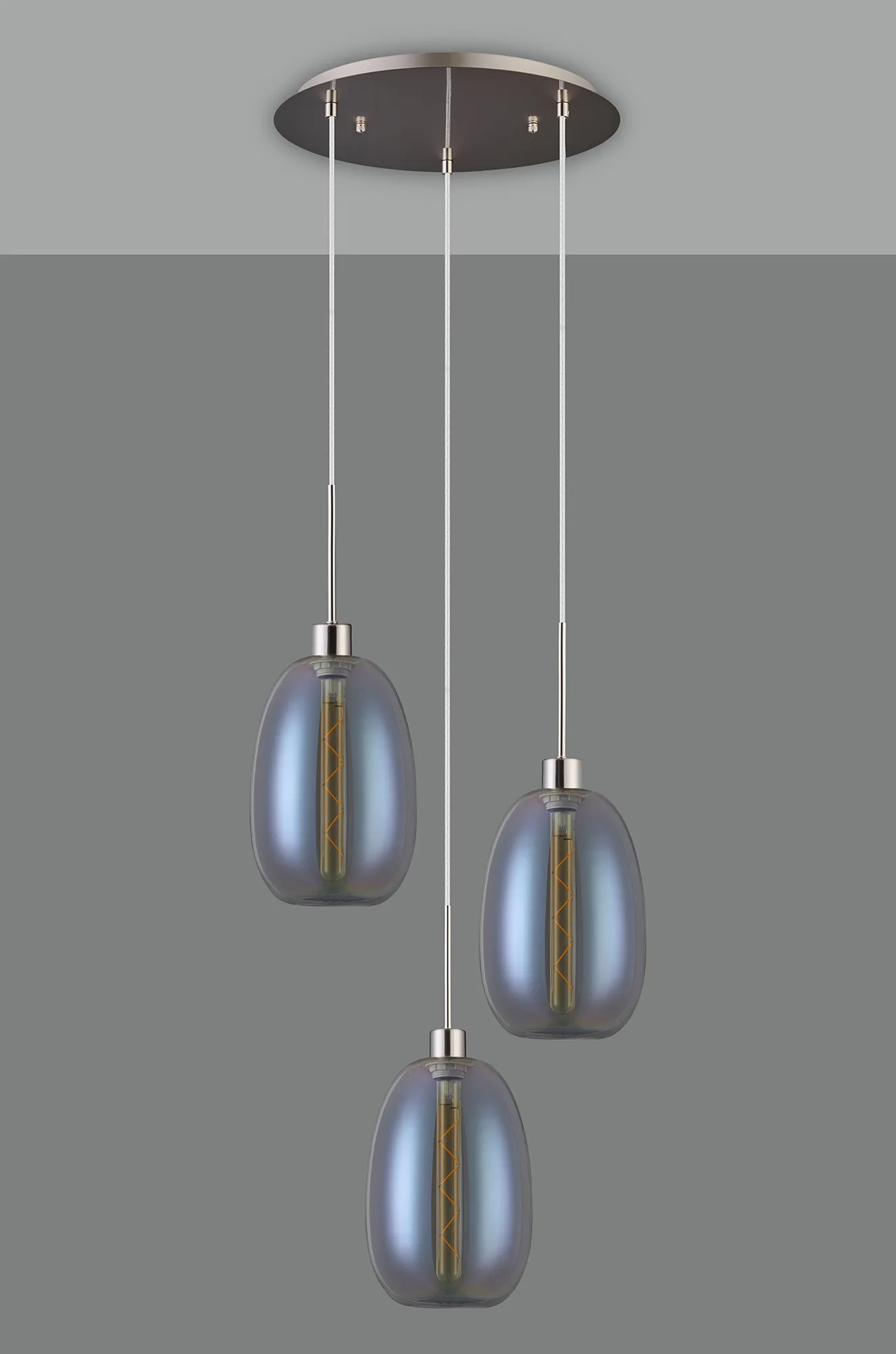 Lori 40cm Round Pendant, 3 Light Adjustable E27, Satin Nickel/Iridescent Slim Curved Trapezium Shades DK1362  Deco Lori Satin Nickel